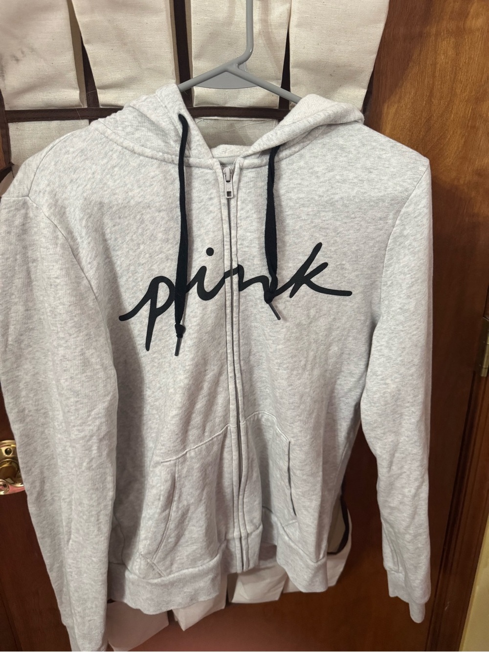 PINK Victoria's Secret Light Gray Zip Hoodie with Black Script